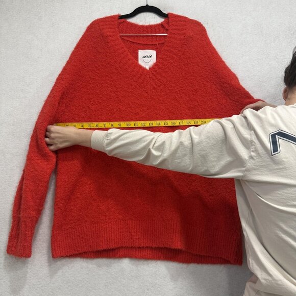 Aerie Sweater Womens Large Red V Neck Fuzzy Boucle Cozy Knit Pullover Oversized - Picture 4 of 9